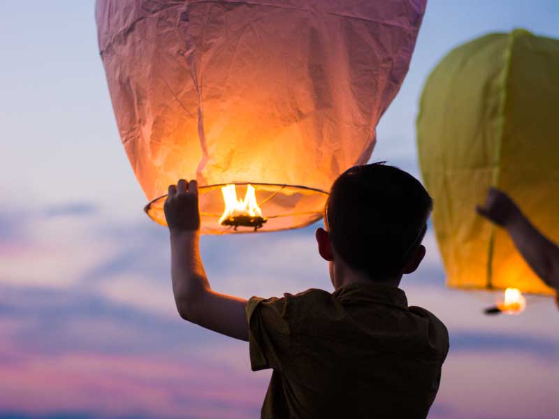 Kids releasing lanterns into the sky